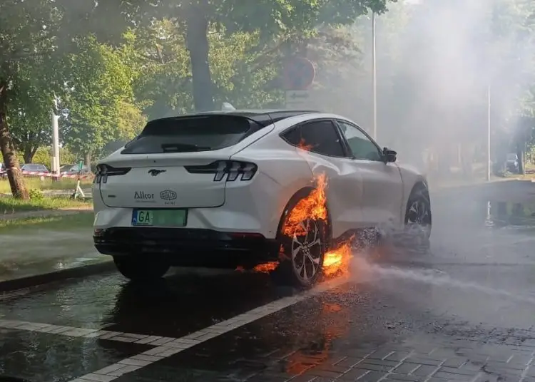 pożar auta elektrycznego na środku drogi